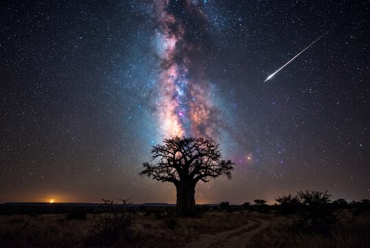 A breathtaking silhouette of a majestic baobab tree under a starry night sky featuring the colorful Milky Way galaxy and a bright shooting star in the African savanna