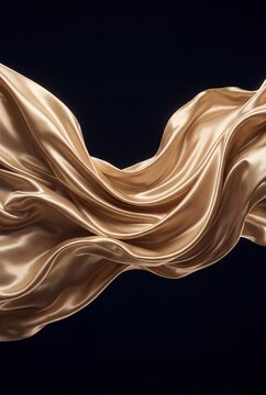 Abstract elegant flowing golden silk fabric isolated on a black background, representing luxury, fashion, dynamic movement, and smooth satin texture