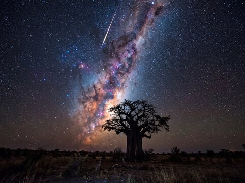 Silhouette of a lone baobab tree standing under the vibrant Milky Way galaxy and a bright shooting star in the African savanna night sky
