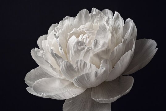 Macro photograph of an elegant white peony flower in full bloom isolated against a solid dark black background with subtle water droplets