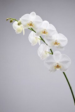 Elegant branch of blooming white phalaenopsis orchid flowers isolated on a light neutral grey background