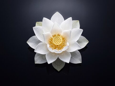 Beautiful white lotus flower with water droplets floating on a reflective dark black surface, symbolizing zen purity and spa wellness
