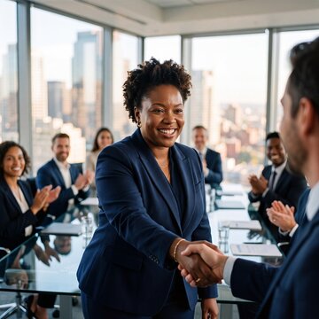 Confident African American businesswoman shaking hands with a partner during a successful corporate meeting while diverse colleagues applaud in a modern office