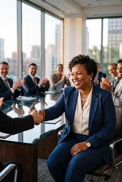 Successful African American businesswoman shaking hands during a corporate meeting in a modern office with applauding colleagues