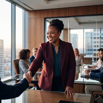 Confident African American businesswoman shaking hands with a client during a corporate meeting in a modern skyscraper office