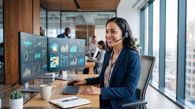 Smiling female customer support representative sitting at a modern desk wearing a headset while monitoring data charts on dual computer screens in a corporate office setting