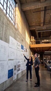 Two professional architects discussing building blueprints displayed on a concrete wall inside a modern high-ceiling design studio office