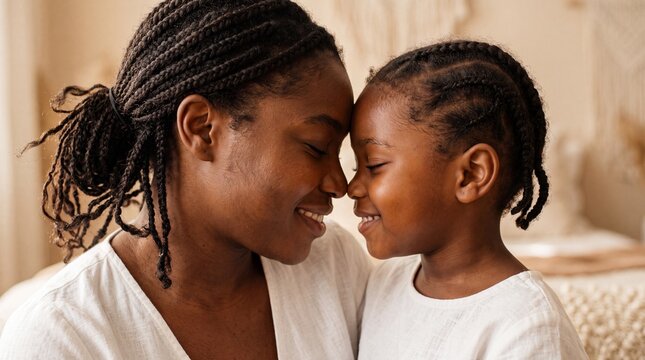 A loving Black mother and her young daughter gently touching foreheads with closed eyes and warm smiles at home