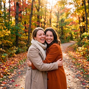 Two cheerful young women hugging tightly and laughing on a path through a colorful autumn forest bathed in warm sunlight