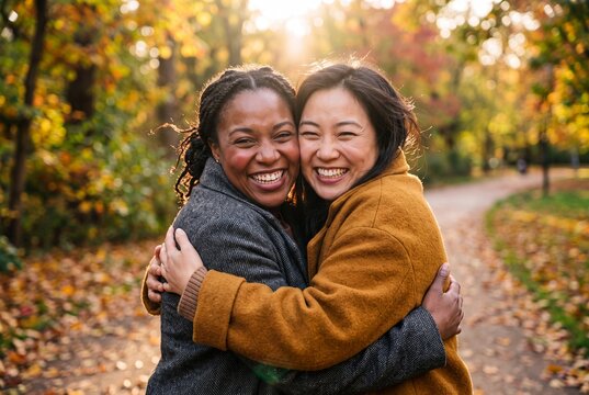Two diverse female friends hugging warmly outdoors in a sunny autumn park with colorful foliage and golden sunset light