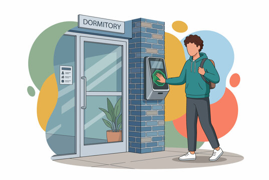 Student using biometric palm scanner at dormitory entrance