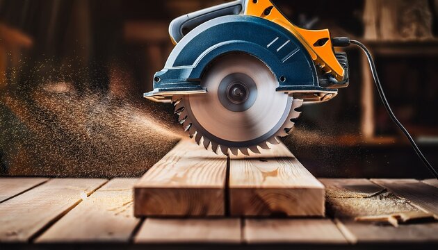 circular saw cutting a wooden plank in a carpentry workshop