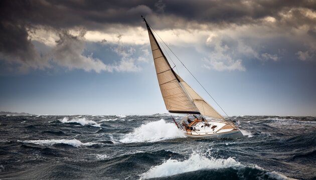 classic sailing yacht tacking in rough seas during storm