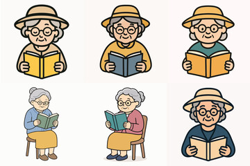 Fototapeta premium Senior Women Reading Books Collection – Elderly Female Readers, Grandmother Reading, Senior Citizen Cartoon Vector Set