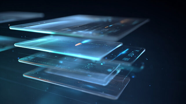 transparent glass interface panels floating in space, reflections and refraction