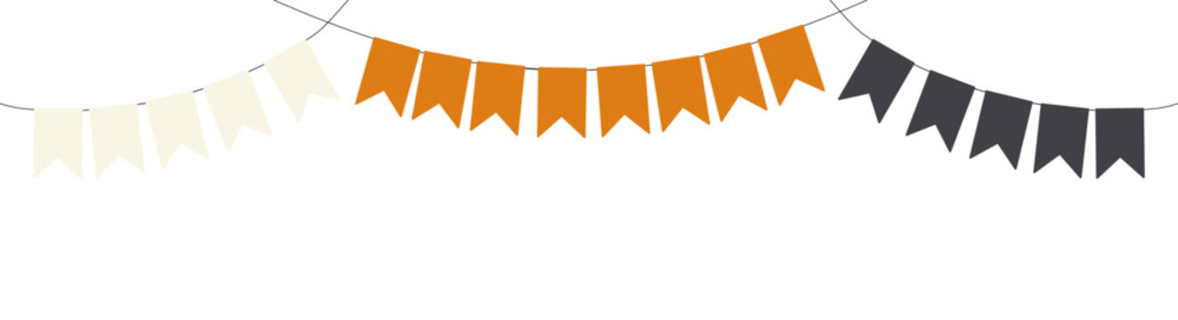 Halloween festive orange, black, white bunting, flags illustration. Decorative border, bunting, garland, festive banner. Autumn holiday design element. Vector clip art on transparent background