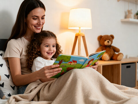 Mother and daughter reading a bedtime story together in cozy bedroom