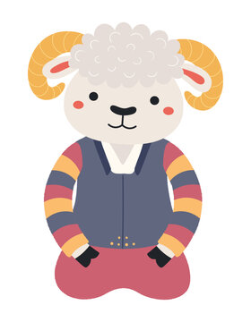 Cute sheep boy in traditional Korean clothes hanbok character isolated. Hand drawn cartoon vector illustration. Flat design. Seollal holiday card, poster, banner element