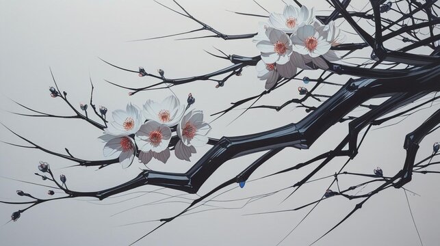 黒い枝に咲く白い花の水墨画風アート