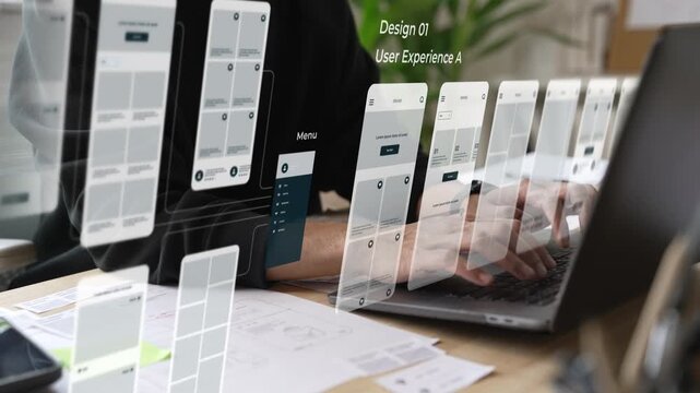 A male designer working on website prototype, in UX UI concept design and development for a website and mobile app prototype, with hologram interface