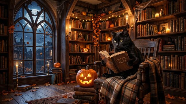 Black cat reading gothic tales inside cozy library illuminated by halloween jack o lanterns with decorated carved pumpkins sitting wooden chair book inside dimly literature mysterious atmosphere