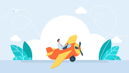 Businessman flying airplane pilot. Business startup launch concept, successful leadership direction, travel career progress, vision for future goal achievement banner. Vector illustration © Yurii