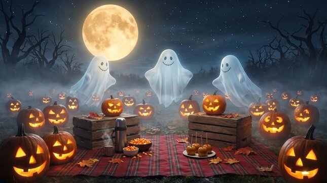 Spooky halloween night picnic featuring glowing jack o lanterns and friendly ghostly spirits outdoors with festive outdoor halloween friendly white ghosts ghosts floating above above plaid blanket