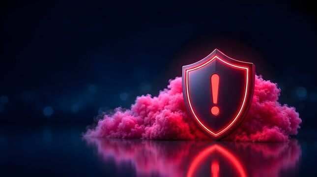 Critical cybersecurity alert concept showing glowing red shield with exclamation mark and dramatic smoke representing system vulnerability