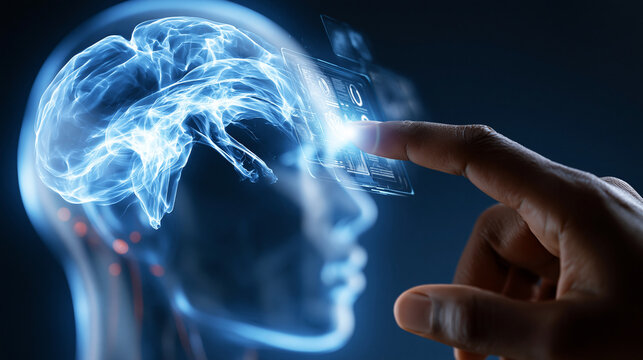 Digitaler Menschenkopf mit Gehirn-Hologramm und ber&uuml;hrendem Finger