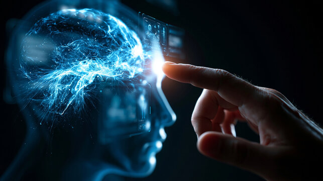 Digitaler Menschenkopf mit Gehirn-Hologramm und ber&uuml;hrendem Finger