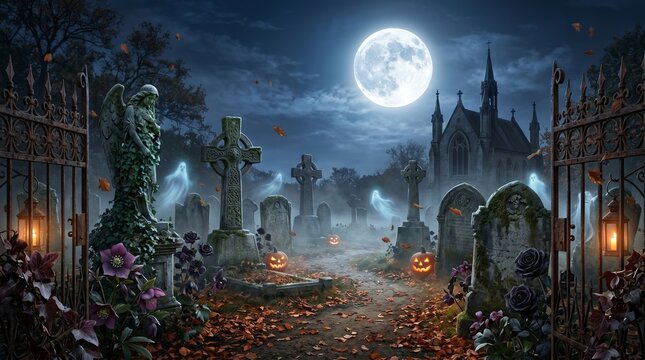 Spooky graveyard scene under full moon with depicts atmospheric cemetery pumpkins translucent spirits cemetery night illuminated glowing carved pumpkins ancient stone monuments supernatural dark