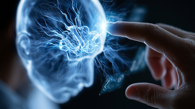 Hand ber&uuml;hrt gl&uuml;hendes Gehirn-Symbol mit digitalen Neuronenverbindungen