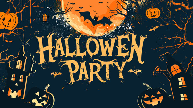 Halloween Party Invitation Banner with Spooky Moon, Bats and Jack-o-Lanterns in Dark Vector Illustration