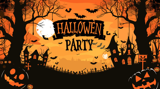 Halloween Party Invitation Banner with Spooky Forest Silhouette and Bold Text