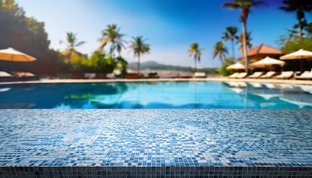 empty ceramic mosaic table top and blurred swimming pool in tropical resort in summer banner background for display or montage your products