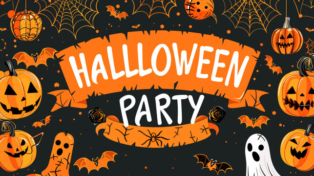 Halloween Party Celebration Banner with Jack-o-Lanterns and Spooky Decorations Vector Illustration
