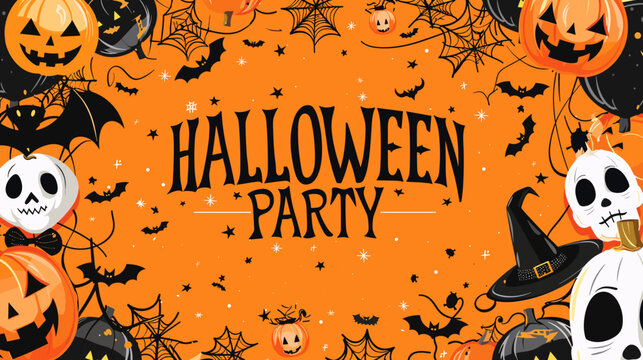 Halloween Party Invitation Banner with Spooky Skulls Pumpkins Bats and Bold Text Vector Illustration