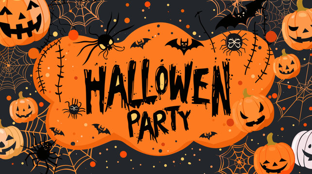 Halloween Party Banner with Pumpkins Bats and Bold Orange Text on Dark Background