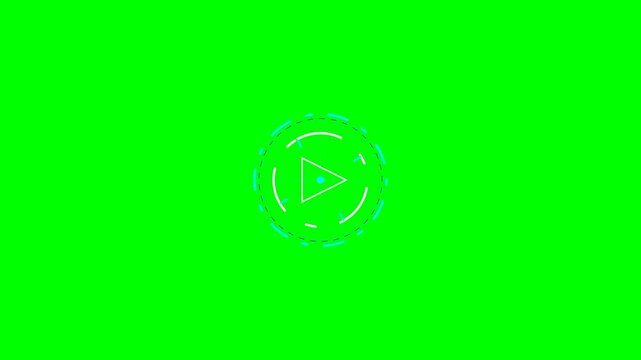 A circular digital play button icon centered on a bright chroma green screen