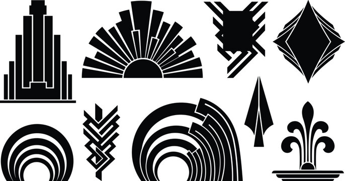 Vintage Art Deco Design Elements Vector Set with Geometric Silhouette Ornaments Skyscraper Fan Shapes and Retro 1920s Architectural Graphic Corner Icons