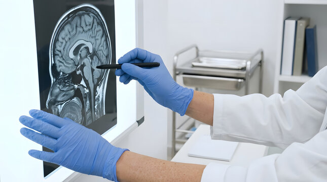 Doctor examining brain MRI scan with pen in clinical office