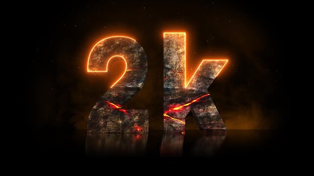 Cinematic 3D 2K milestone title reveal carved from volcanic rock with glowing lava cracks, drifting smoke and embers, celebrating followers and subscribers