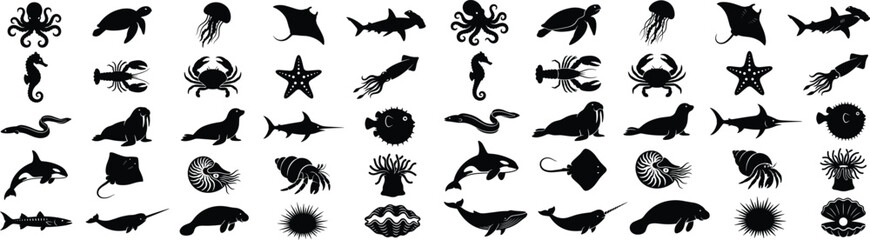 Sea Creature Silhouette Vector Bundle SVG Ocean Animal Icon Set © Maruf