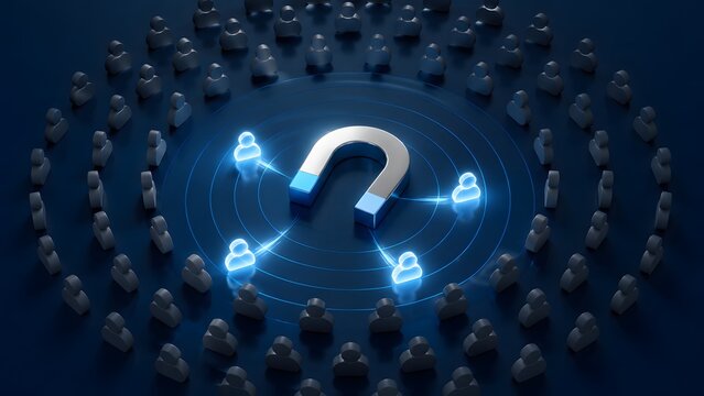Lead generation and inbound marketing strategy showing a large magnet attracting targeted customer figures in digital network