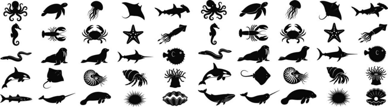 Sea Creature Silhouette Vector Bundle SVG Ocean Animal Icon Set