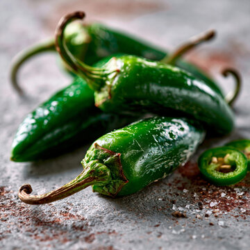 Fresh whole and sliced green jalapeno peppers on textured surface with tex mex, jalapeno