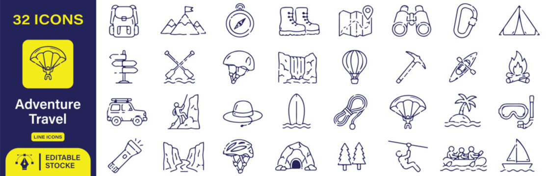 32 Adventure Travel Vector Outline Icons Set &ndash; Outdoor Adventure, Camping, Hiking, Climbing and Extreme Travel Line Symbols Collection