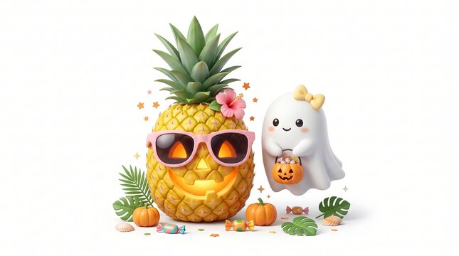Cute pineapple jack o lantern wearing sunglasses beside a friendly ghost with halloween treats with clean white background pink sunglasses next holding treat bucket carved pineapple jackolantern