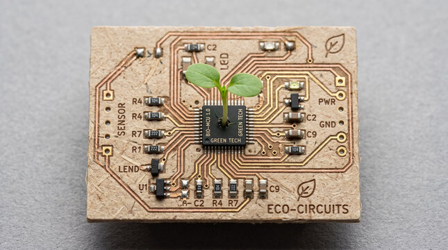 Small green sprout growing from a biodegradable circuit board