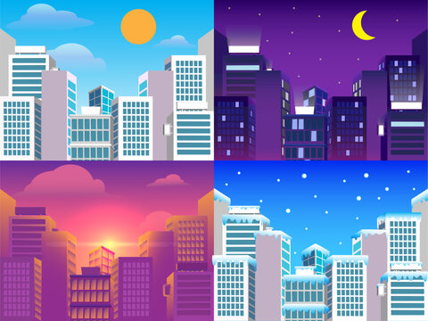 City skyline banner set showing modern buildings in four different times day night sunset winter vector background
